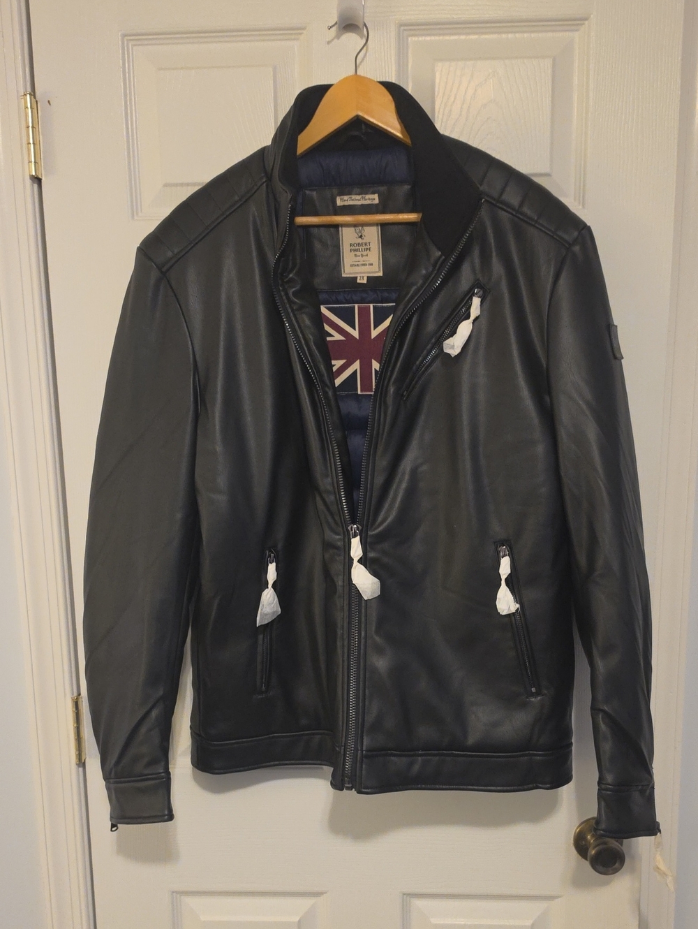 Robert Phillipe New York Men's 2XL Black Faux Leather Moto Bomber Jacket NWT Veg